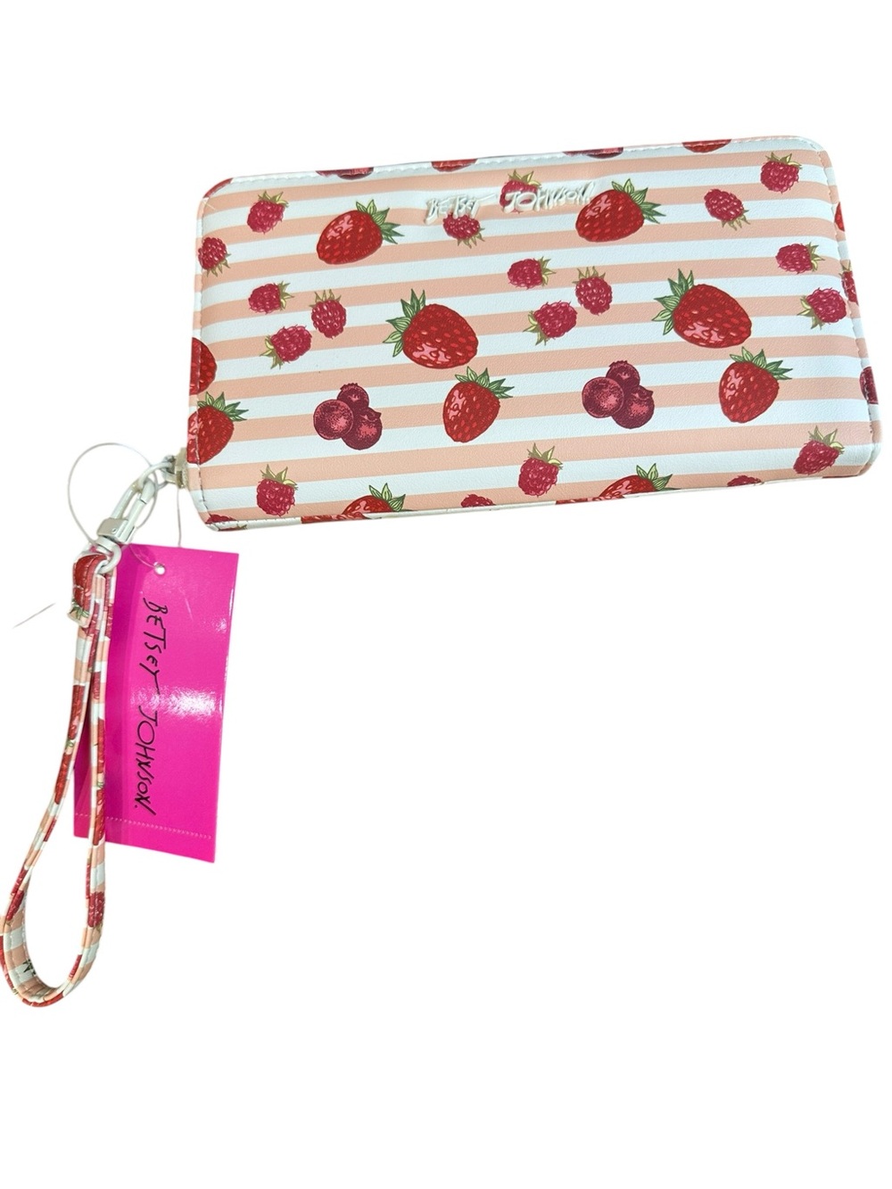 Betsey Johnson Pink and Red Strawberry Stripe Wristlet Wallet